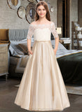 Katelynn Ball-Gown/Princess Off-the-Shoulder Floor-Length Satin Lace Junior Bridesmaid Dress With Bow(s) Pockets STIP0013530