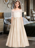 Katelynn Ball-Gown/Princess Off-the-Shoulder Floor-Length Satin Lace Junior Bridesmaid Dress With Bow(s) Pockets STIP0013530