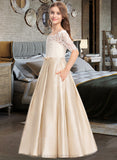 Katelynn Ball-Gown/Princess Off-the-Shoulder Floor-Length Satin Lace Junior Bridesmaid Dress With Bow(s) Pockets STIP0013530