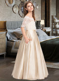 Katelynn Ball-Gown/Princess Off-the-Shoulder Floor-Length Satin Lace Junior Bridesmaid Dress With Bow(s) Pockets STIP0013530