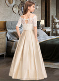 Katelynn Ball-Gown/Princess Off-the-Shoulder Floor-Length Satin Lace Junior Bridesmaid Dress With Bow(s) Pockets STIP0013530