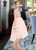 Riley A-Line Scoop Neck Asymmetrical Tulle Junior Bridesmaid Dress With Sequins STIP0013531