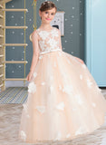 Norma Ball-Gown/Princess Scoop Neck Floor-Length Tulle Junior Bridesmaid Dress With Flower(s) Bow(s) STIP0013534