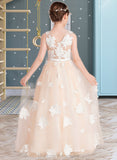 Norma Ball-Gown/Princess Scoop Neck Floor-Length Tulle Junior Bridesmaid Dress With Flower(s) Bow(s) STIP0013534