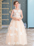 Norma Ball-Gown/Princess Scoop Neck Floor-Length Tulle Junior Bridesmaid Dress With Flower(s) Bow(s) STIP0013534