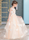 Norma Ball-Gown/Princess Scoop Neck Floor-Length Tulle Junior Bridesmaid Dress With Flower(s) Bow(s) STIP0013534