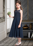 Kaylie A-Line Scoop Neck Tea-Length Chiffon Lace Junior Bridesmaid Dress With Ruffle STIP0013536