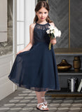 Kaylie A-Line Scoop Neck Tea-Length Chiffon Lace Junior Bridesmaid Dress With Ruffle STIP0013536