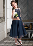 Kaylie A-Line Scoop Neck Tea-Length Chiffon Lace Junior Bridesmaid Dress With Ruffle STIP0013536