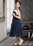 Kaylie A-Line Scoop Neck Tea-Length Chiffon Lace Junior Bridesmaid Dress With Ruffle STIP0013536