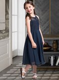 Kaylie A-Line Scoop Neck Tea-Length Chiffon Lace Junior Bridesmaid Dress With Ruffle STIP0013536