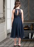 Kaylie A-Line Scoop Neck Tea-Length Chiffon Lace Junior Bridesmaid Dress With Ruffle STIP0013536