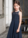 Kaylie A-Line Scoop Neck Tea-Length Chiffon Lace Junior Bridesmaid Dress With Ruffle STIP0013536