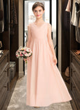 Maud A-Line V-neck Floor-Length Chiffon Lace Junior Bridesmaid Dress With Ruffle STIP0013540