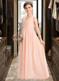 Maud A-Line V-neck Floor-Length Chiffon Lace Junior Bridesmaid Dress With Ruffle STIP0013540