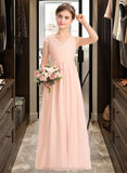 Maud A-Line V-neck Floor-Length Chiffon Lace Junior Bridesmaid Dress With Ruffle STIP0013540