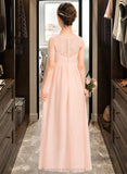 Maud A-Line V-neck Floor-Length Chiffon Lace Junior Bridesmaid Dress With Ruffle STIP0013540