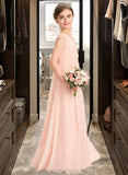 Maud A-Line V-neck Floor-Length Chiffon Lace Junior Bridesmaid Dress With Ruffle STIP0013540