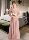 Lola A-Line V-neck Floor-Length Chiffon Lace Junior Bridesmaid Dress STIP0013541