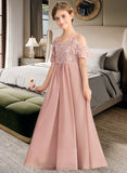 Lola A-Line V-neck Floor-Length Chiffon Lace Junior Bridesmaid Dress STIP0013541