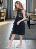 Ariana A-Line Scoop Neck Knee-Length Chiffon Junior Bridesmaid Dress With Cascading Ruffles STIP0013543