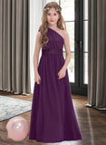 Kaia A-Line One-Shoulder Floor-Length Chiffon Junior Bridesmaid Dress With Ruffle STIP0013544