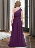 Kaia A-Line One-Shoulder Floor-Length Chiffon Junior Bridesmaid Dress With Ruffle STIP0013544