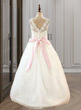 Jacquelyn Ball-Gown/Princess Scoop Neck Floor-Length Tulle Junior Bridesmaid Dress With Sash Beading Bow(s) STIP0013545