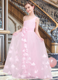 Marilyn A-Line One-Shoulder Floor-Length Tulle Junior Bridesmaid Dress With Ruffle Flower(s) STIP0013546