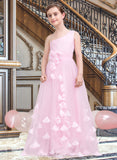 Marilyn A-Line One-Shoulder Floor-Length Tulle Junior Bridesmaid Dress With Ruffle Flower(s) STIP0013546