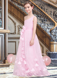 Marilyn A-Line One-Shoulder Floor-Length Tulle Junior Bridesmaid Dress With Ruffle Flower(s) STIP0013546