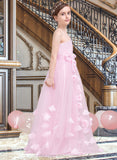 Marilyn A-Line One-Shoulder Floor-Length Tulle Junior Bridesmaid Dress With Ruffle Flower(s) STIP0013546