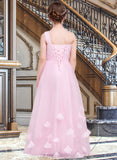 Marilyn A-Line One-Shoulder Floor-Length Tulle Junior Bridesmaid Dress With Ruffle Flower(s) STIP0013546