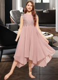 Kylee A-Line Scoop Neck Tea-Length Chiffon Lace Junior Bridesmaid Dress STIP0013547