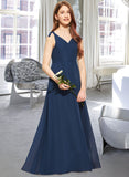 Coral A-Line V-neck Floor-Length Chiffon Junior Bridesmaid Dress With Bow(s) STIP0013548