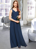 Coral A-Line V-neck Floor-Length Chiffon Junior Bridesmaid Dress With Bow(s) STIP0013548