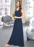 Coral A-Line V-neck Floor-Length Chiffon Junior Bridesmaid Dress With Bow(s) STIP0013548