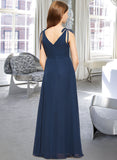 Coral A-Line V-neck Floor-Length Chiffon Junior Bridesmaid Dress With Bow(s) STIP0013548