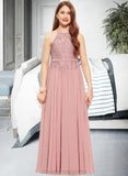 Bria A-Line Scoop Neck Floor-Length Chiffon Lace Junior Bridesmaid Dress STIP0013549