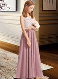 Mariana A-Line V-neck Floor-Length Chiffon Lace Junior Bridesmaid Dress STIP0013552