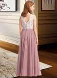 Mariana A-Line V-neck Floor-Length Chiffon Lace Junior Bridesmaid Dress STIP0013552