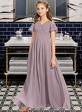 Anabella A-Line V-neck Floor-Length Chiffon Junior Bridesmaid Dress With Ruffle STIP0013554