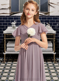 Anabella A-Line V-neck Floor-Length Chiffon Junior Bridesmaid Dress With Ruffle STIP0013554