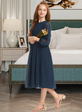 Tatiana A-Line Scoop Neck Tea-Length Chiffon Junior Bridesmaid Dress With Ruffle Bow(s) STIP0013555