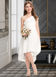 Guadalupe A-Line One-Shoulder Asymmetrical Chiffon Lace Junior Bridesmaid Dress With Bow(s) STIP0013557