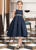 Taliyah A-Line Scoop Neck Knee-Length Satin Lace Junior Bridesmaid Dress With Beading Bow(s) STIP0013559