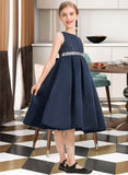 Taliyah A-Line Scoop Neck Knee-Length Satin Lace Junior Bridesmaid Dress With Beading Bow(s) STIP0013559