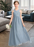 Kayden A-Line V-neck Floor-Length Chiffon Junior Bridesmaid Dress With Ruffle STIP0013561