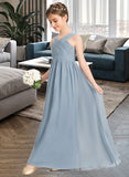 Kayden A-Line V-neck Floor-Length Chiffon Junior Bridesmaid Dress With Ruffle STIP0013561