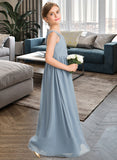 Kayden A-Line V-neck Floor-Length Chiffon Junior Bridesmaid Dress With Ruffle STIP0013561